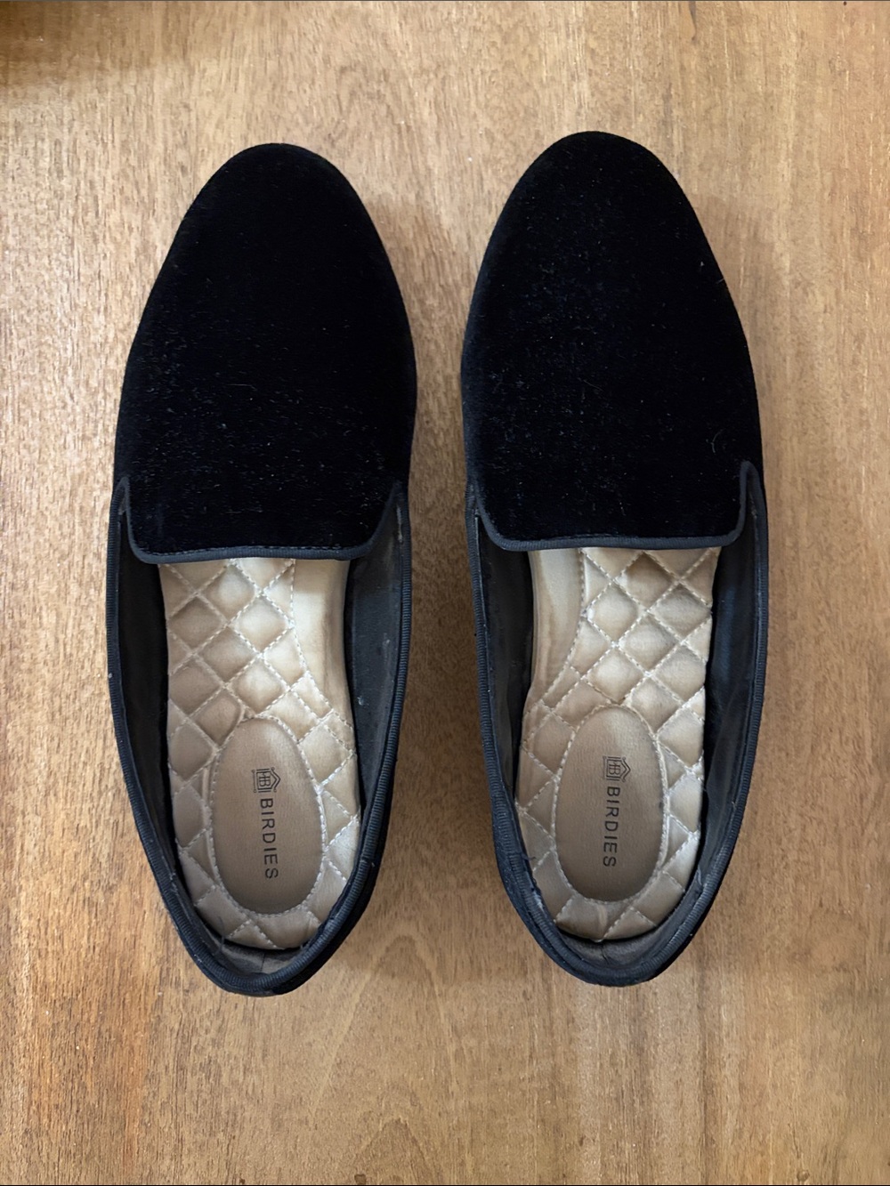 Birdies Black Velvet Quilted-Insole Slip-Ons